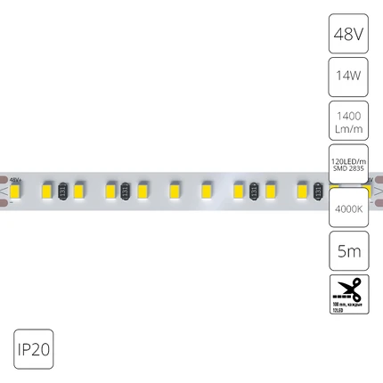 Светодиодная лента 48V 14,4W m 4000К 5м IP20 Arte Lamp TAPE A4812010-06-4K